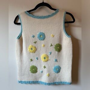 1960s Hand Embroidered Wool Flower Sleeveless Spring Sweater